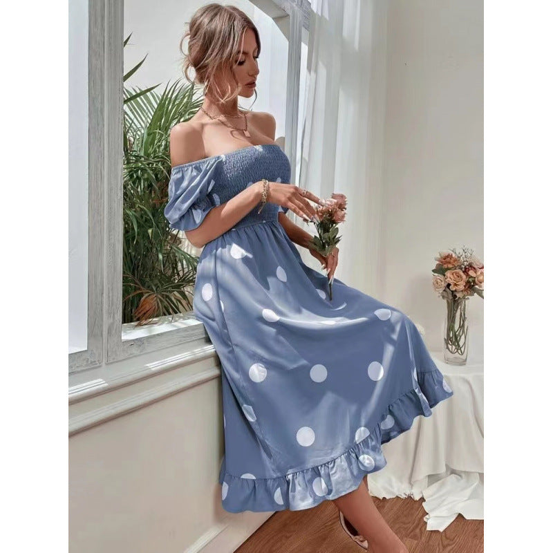 Damer Off-Shoulder Midi-Klänning med Volangslut och Prickdesign Mirla-Eva Jonsson