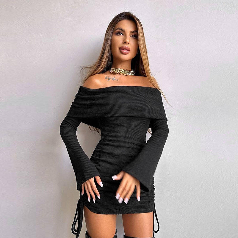 Damer Off-Shoulder Mini-klänning med rynkning och långa ärmar Mirla-Eva Jonsson
