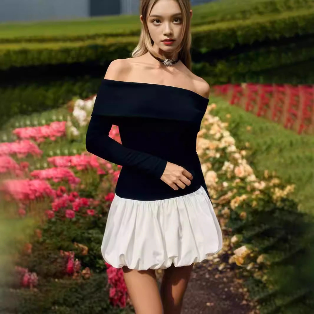 Damer Off-Shoulder Miniklänning med långa ärmar och elegant volangkant Mirla-Eva Jonsson