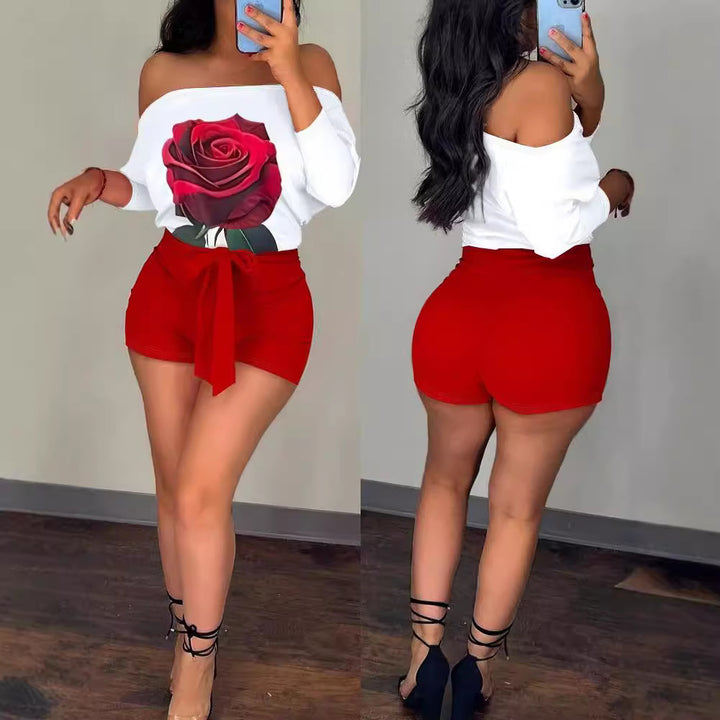 Damer Off-Shoulder Överdel med blommig grafik och randig shorts Mirla-Eva Jonsson
