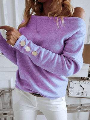 Damer Off-Shoulder Pullover med dekorativa knapppdetaljer Mirla-Eva Jonsson