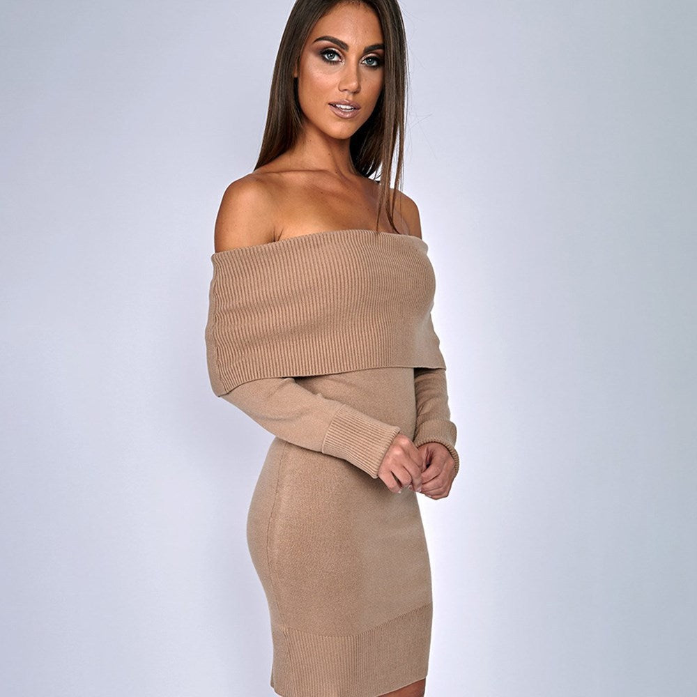 Damer Off-Shoulder Stickad Klänning med Långa Ärmar Eva Jonsson-Eva Jonsson