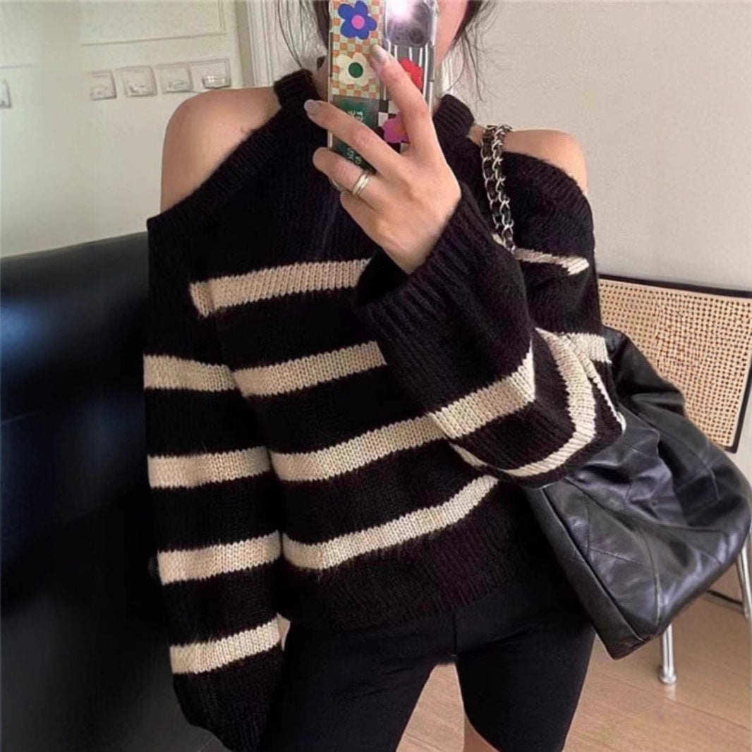 Damer Off-Shoulder Stickad Tröja med Randigt Mönster och Avslappnad Passform Eva Jonsson-Eva Jonsson
