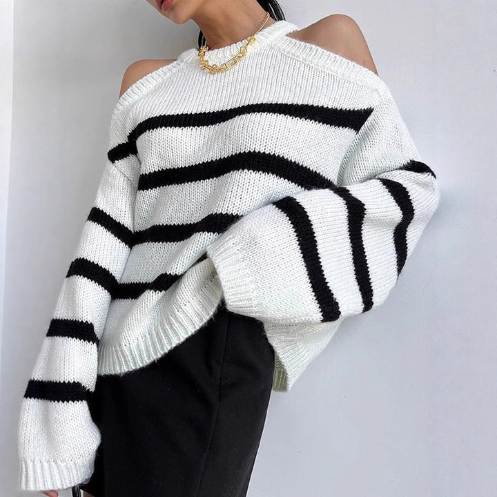 Damer Off-Shoulder Stickad Tröja med Randigt Mönster och Avslappnad Passform Eva Jonsson-Eva Jonsson
