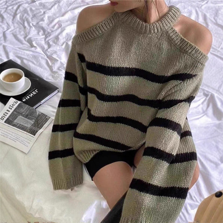 Damer Off-Shoulder Stickad Tröja med Randigt Mönster och Avslappnad Passform Eva Jonsson-Eva Jonsson