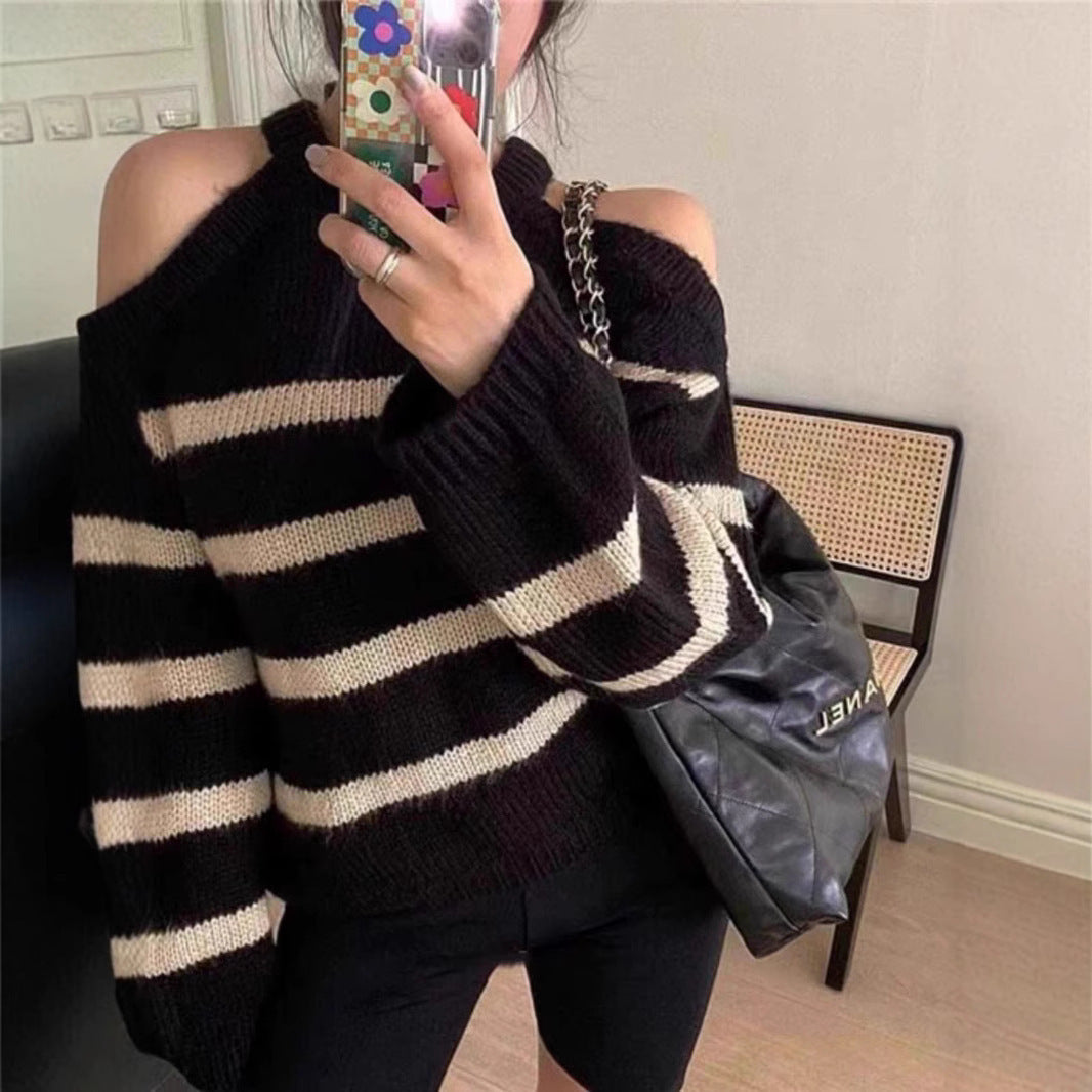 Damer Off-Shoulder Stickad Tröja med Randigt Mönster och Avslappnad Passform Eva Jonsson-Eva Jonsson