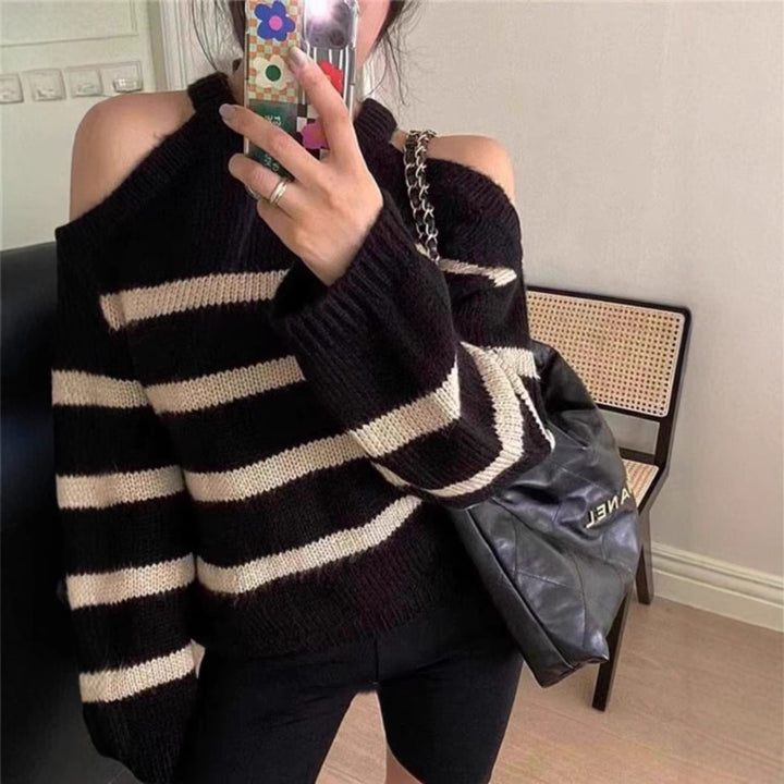 Damer Off-Shoulder Stickad Tröja med Randigt Mönster och Avslappnad Passform Eva Jonsson-Eva Jonsson