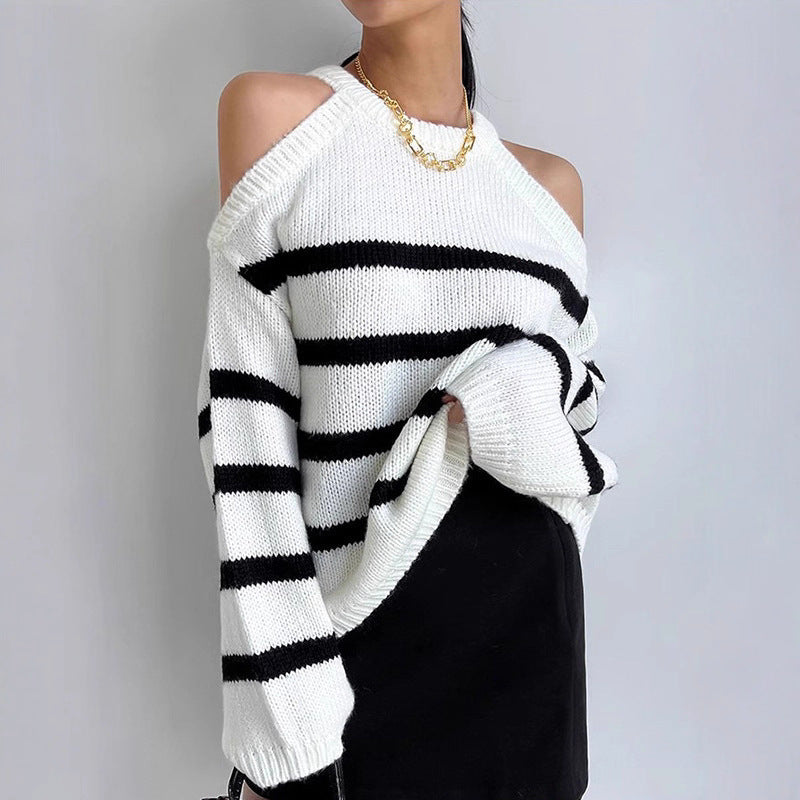 Damer Off-Shoulder Stickad Tröja med Randigt Mönster och Avslappnad Passform Eva Jonsson-Eva Jonsson