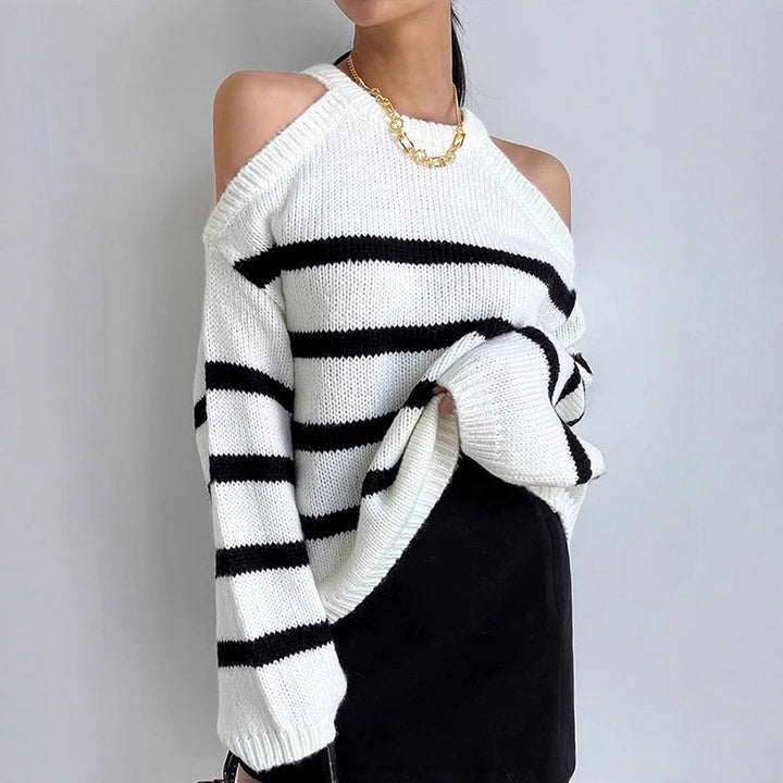 Damer Off-Shoulder Stickad Tröja med Randigt Mönster och Avslappnad Passform Eva Jonsson-Eva Jonsson