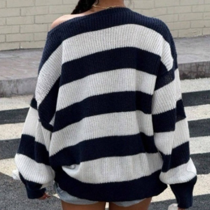 Damer Off-Shoulder Stickad Tröja med maritimt Randmönster Mirla-Eva Jonsson