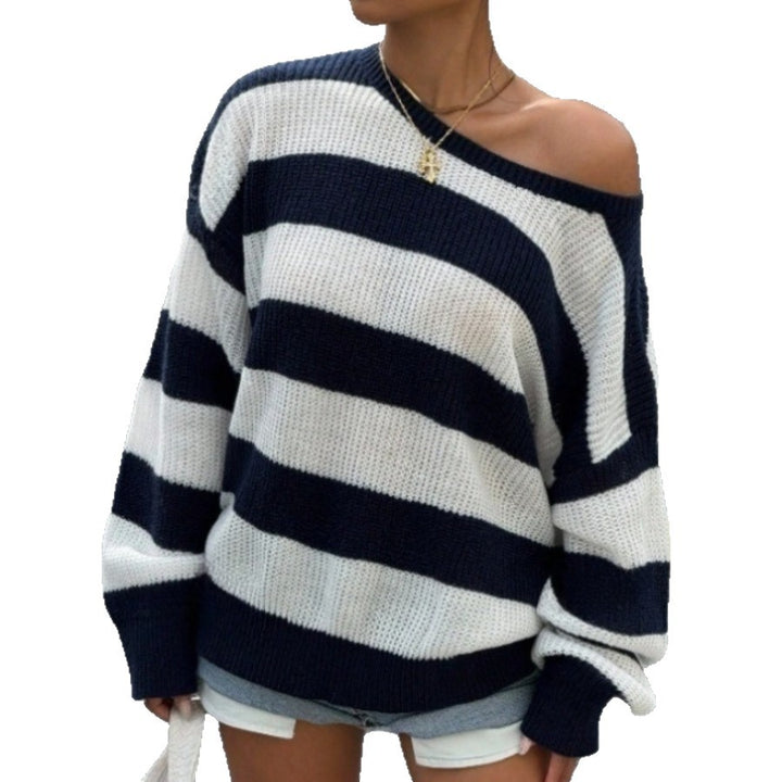 Damer Off-Shoulder Stickad Tröja med maritimt Randmönster Mirla-Eva Jonsson