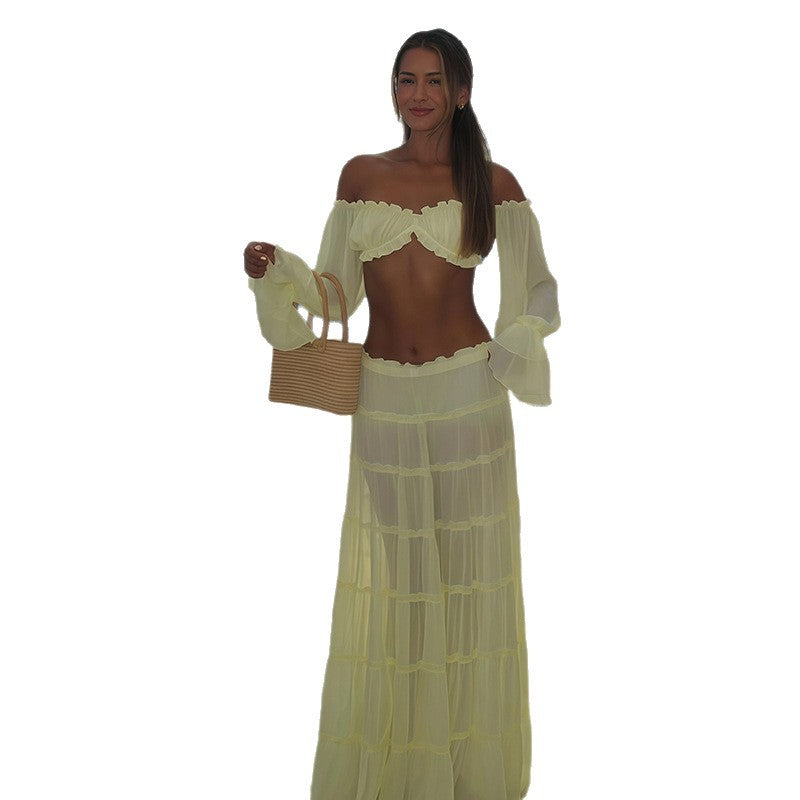 Damer Off-Shoulder Strandklänning med volangdetaljer och transparent tyg Eva Jonsson-Eva Jonsson