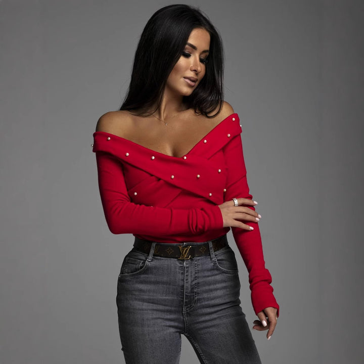 Damer Off-Shoulder Topp med pärldekoration och raffinerad invikningsdesign Mirla-Eva Jonsson