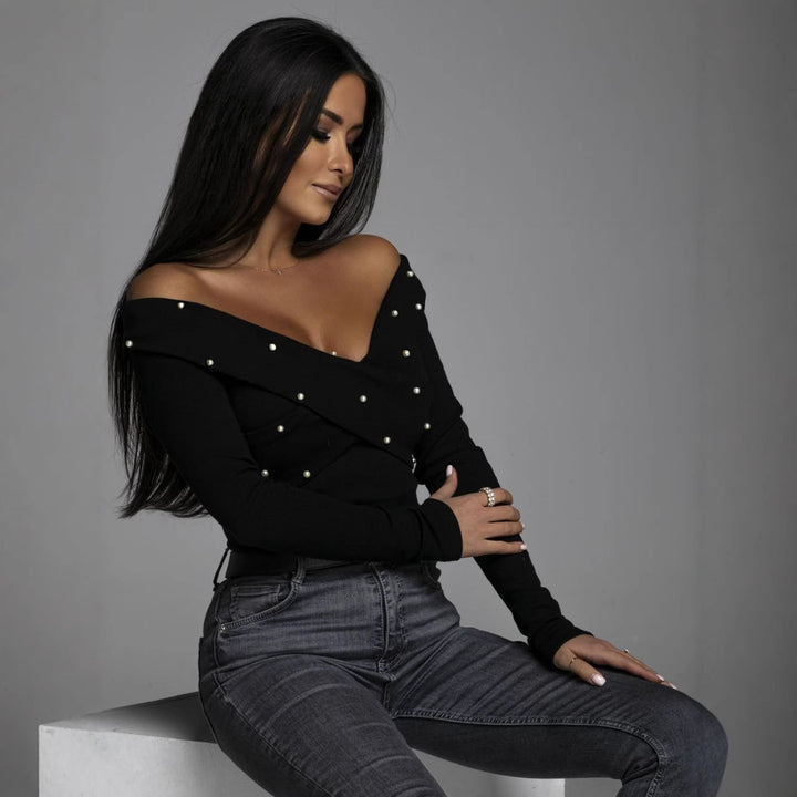 Damer Off-Shoulder Topp med pärldekoration och raffinerad invikningsdesign Mirla-Eva Jonsson