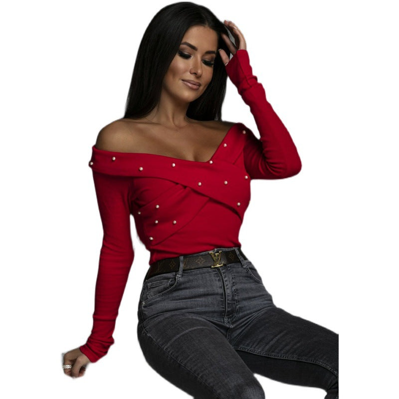 Damer Off-Shoulder Topp med pärldekoration och raffinerad invikningsdesign Mirla-Eva Jonsson