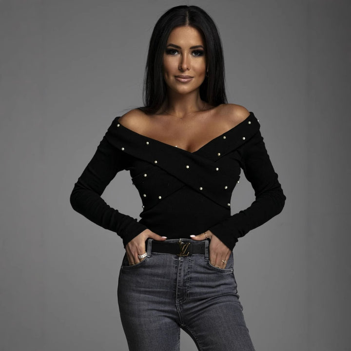 Damer Off-Shoulder Topp med pärldekoration och raffinerad invikningsdesign Mirla-Eva Jonsson