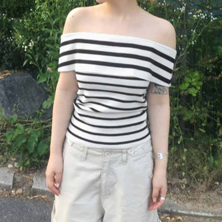 Damer Off-Shoulder Topp med randigt mönster och bred krage Mirla-Eva Jonsson