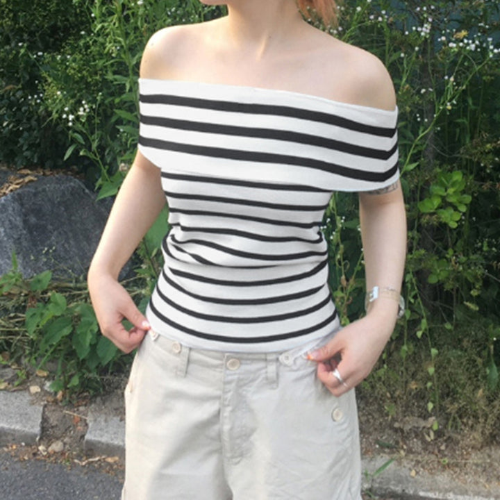 Damer Off-Shoulder Topp med randigt mönster och bred krage Mirla-Eva Jonsson