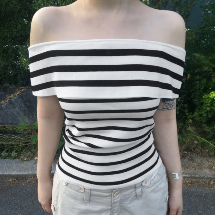 Damer Off-Shoulder Topp med randigt mönster och bred krage Mirla-Eva Jonsson