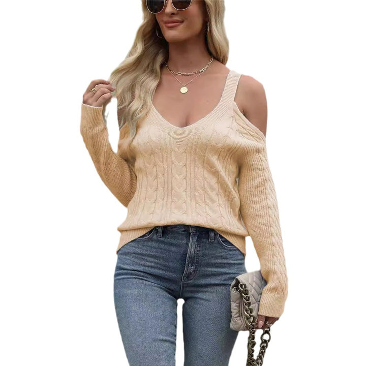 Damer Off-Shoulder Tröja med flätmönster och V-ringning Eva Jonsson-Eva Jonsson