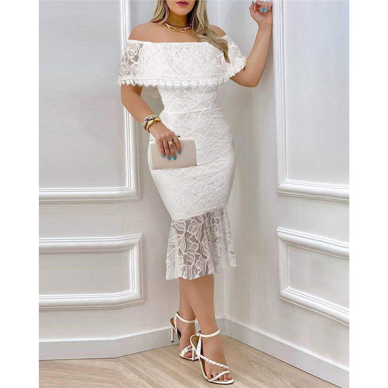 Damer Off-Shoulder spetsklänning med voluminös fåll Mirla-Eva Jonsson
