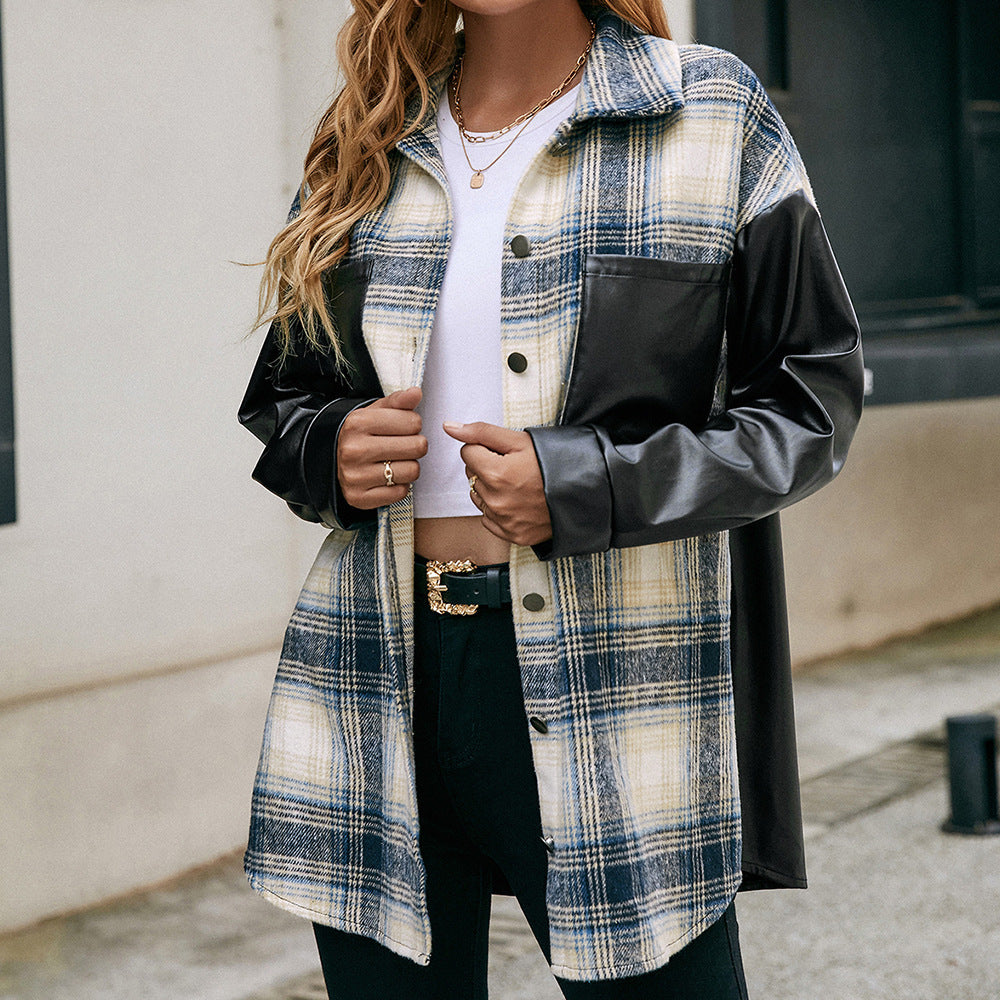 Damer Overshirt med konstläderärmar och rutmönster Eva Jonsson-Eva Jonsson