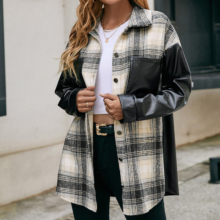 Damer Overshirt med konstläderärmar och rutmönster Eva Jonsson-Eva Jonsson