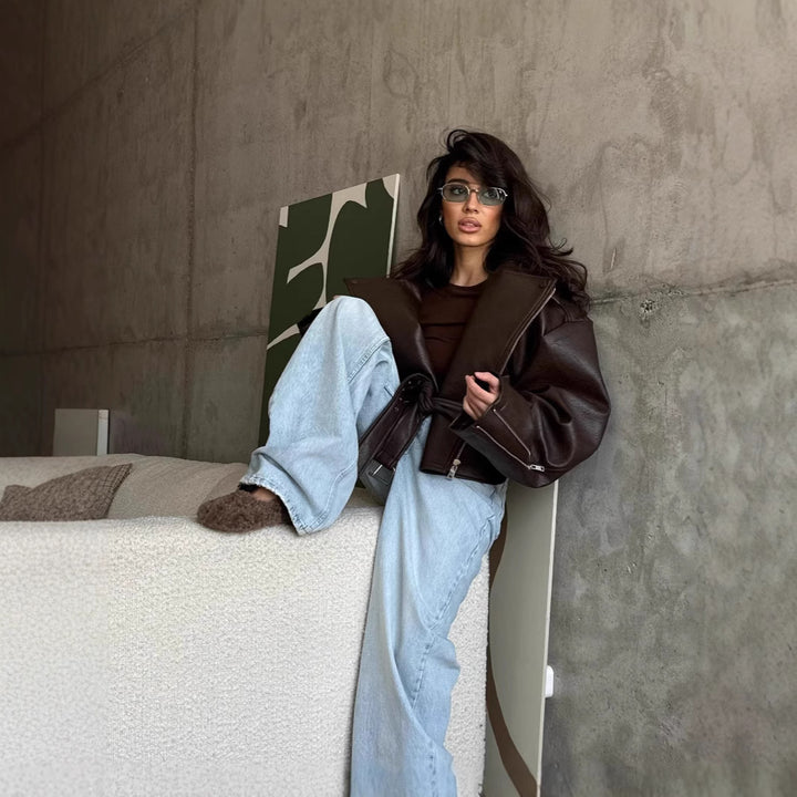 Damer Oversize Läderjacka med Midjebälte Mirla-Eva Jonsson