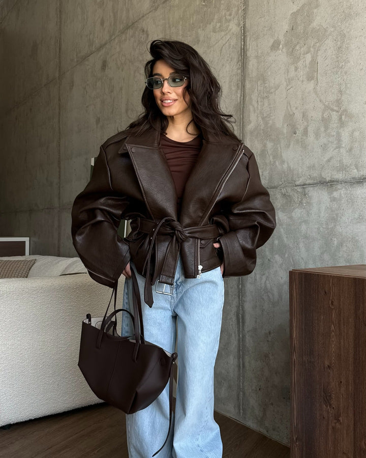 Damer Oversize Läderjacka med Midjebälte Mirla-Eva Jonsson