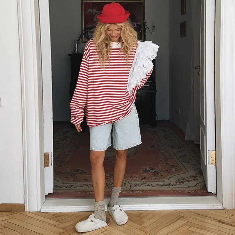Damer Oversize Randig Tröja med Ryschdetaljer Mirla-Eva Jonsson