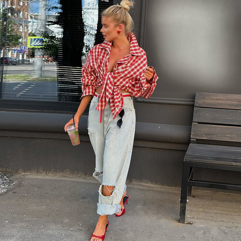 Damer Oversize-rutig skjorta med knutdetalj Mirla-Eva Jonsson