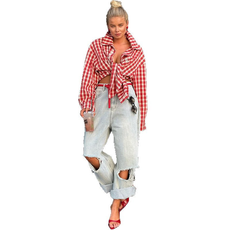 Damer Oversize-rutig skjorta med knutdetalj Mirla-Eva Jonsson