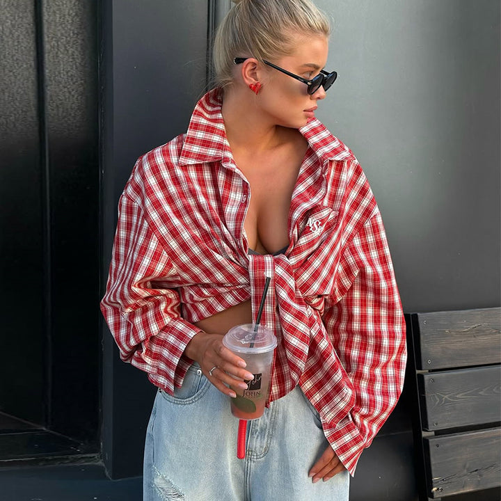 Damer Oversize-rutig skjorta med knutdetalj Mirla-Eva Jonsson