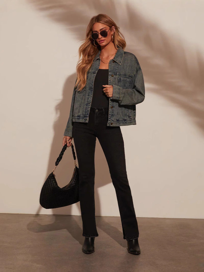 Damer Oversized Denim-Jacka i Lätt Skärning med Praktiska Fickor Mirla-Eva Jonsson
