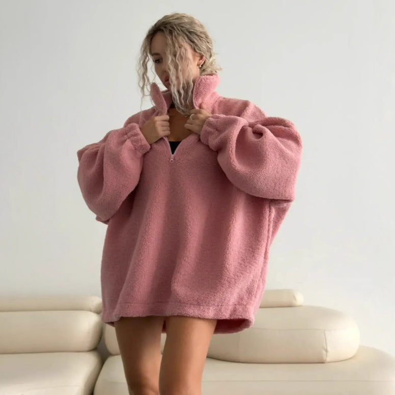 Damer Oversized Fleece-Hoodie med hög krage och hel dragkedja Mirla-Eva Jonsson
