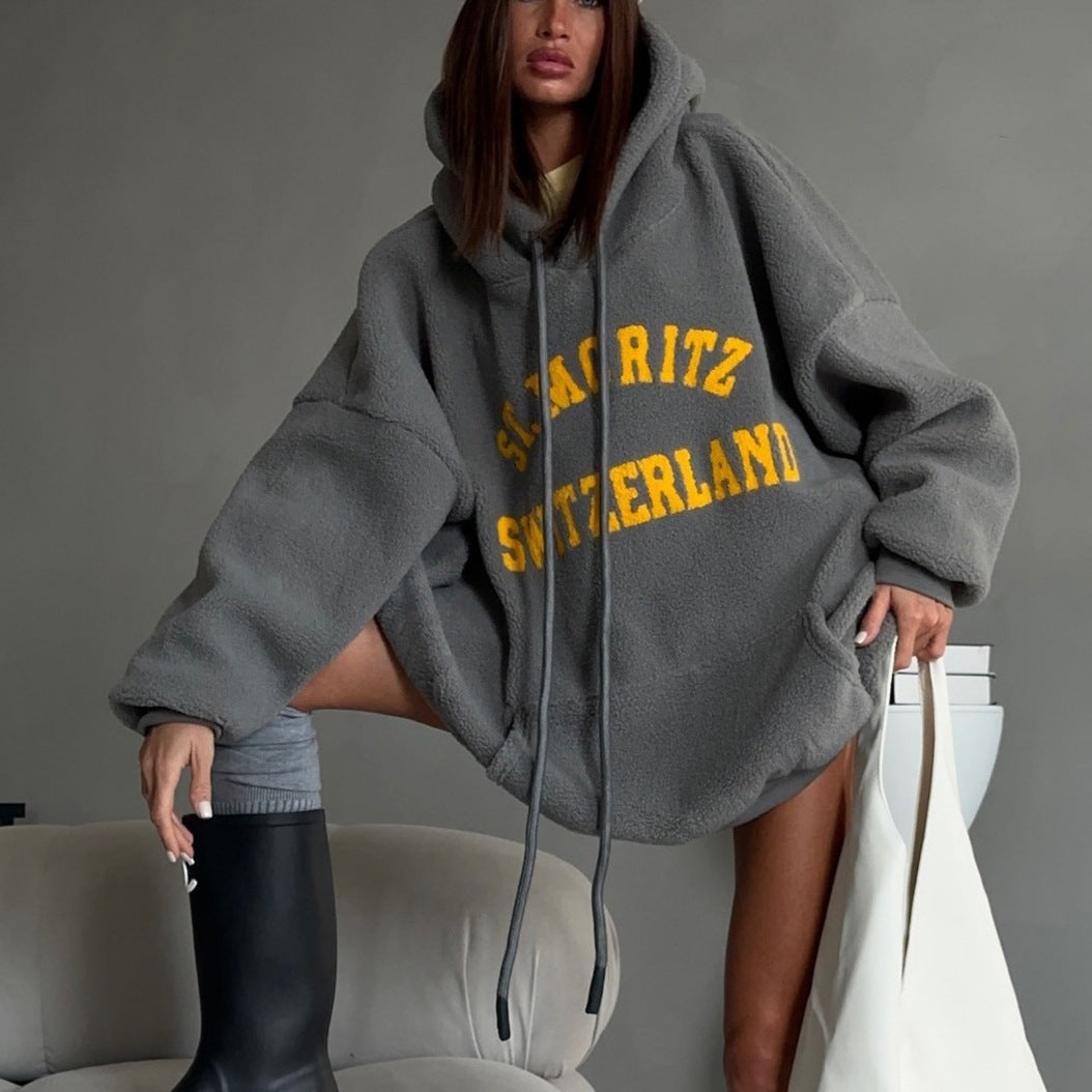 Damer Oversized Fleece-Hoodie med tryck Mirla-Eva Jonsson