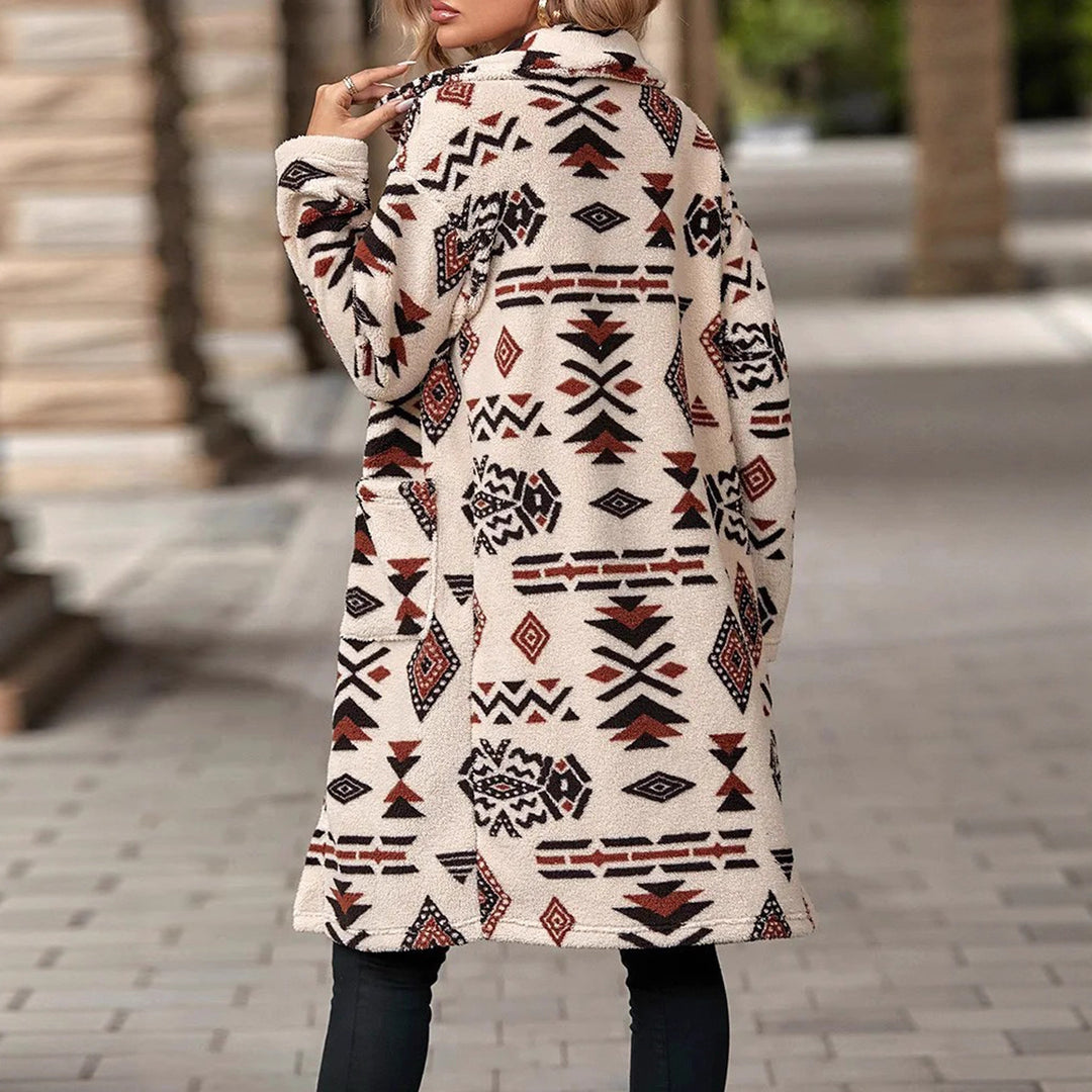 Damer Oversized Fleecejacka med geometriskt mönster och praktiska fickor Mirla-Eva Jonsson