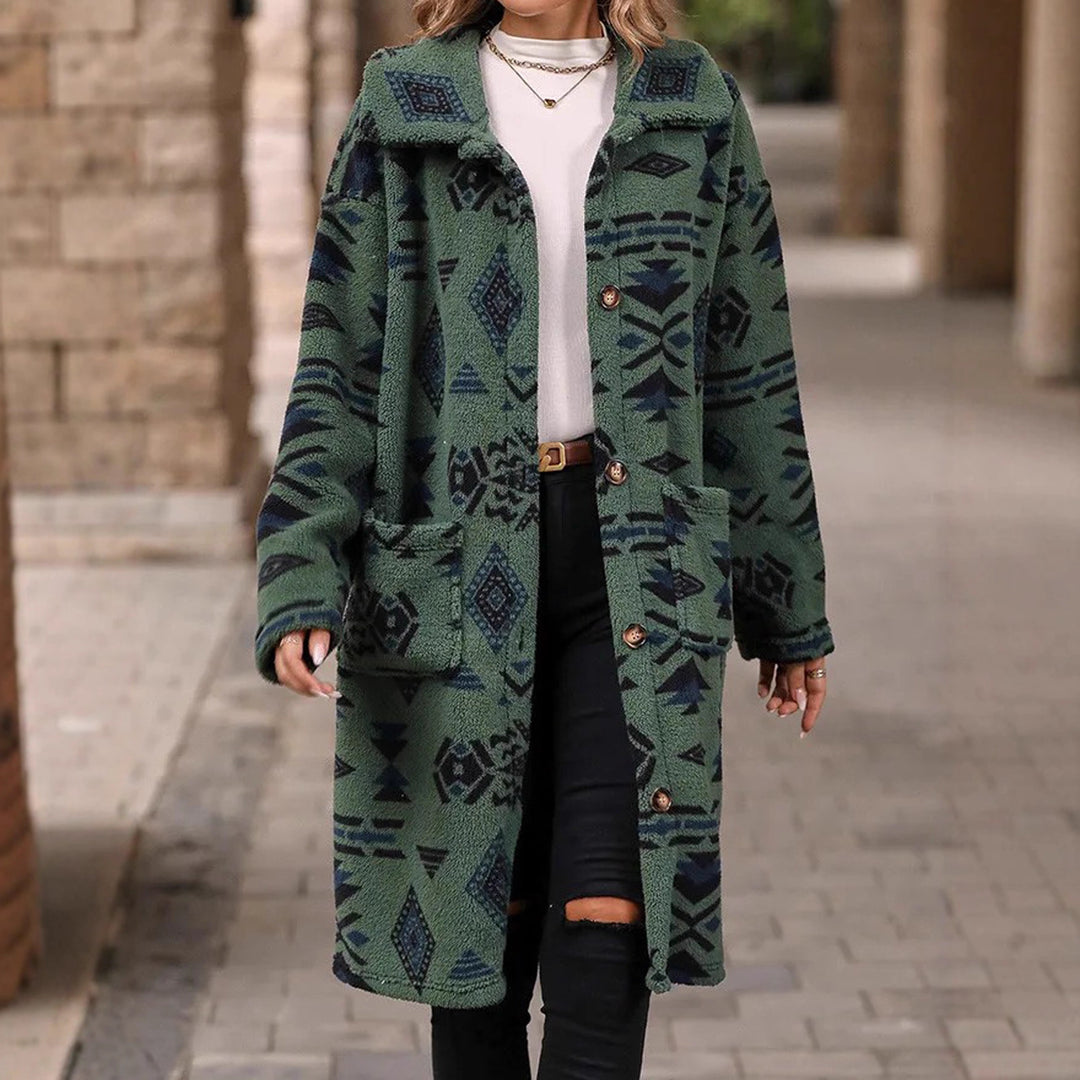 Damer Oversized Fleecejacka med geometriskt mönster och praktiska fickor Mirla-Eva Jonsson