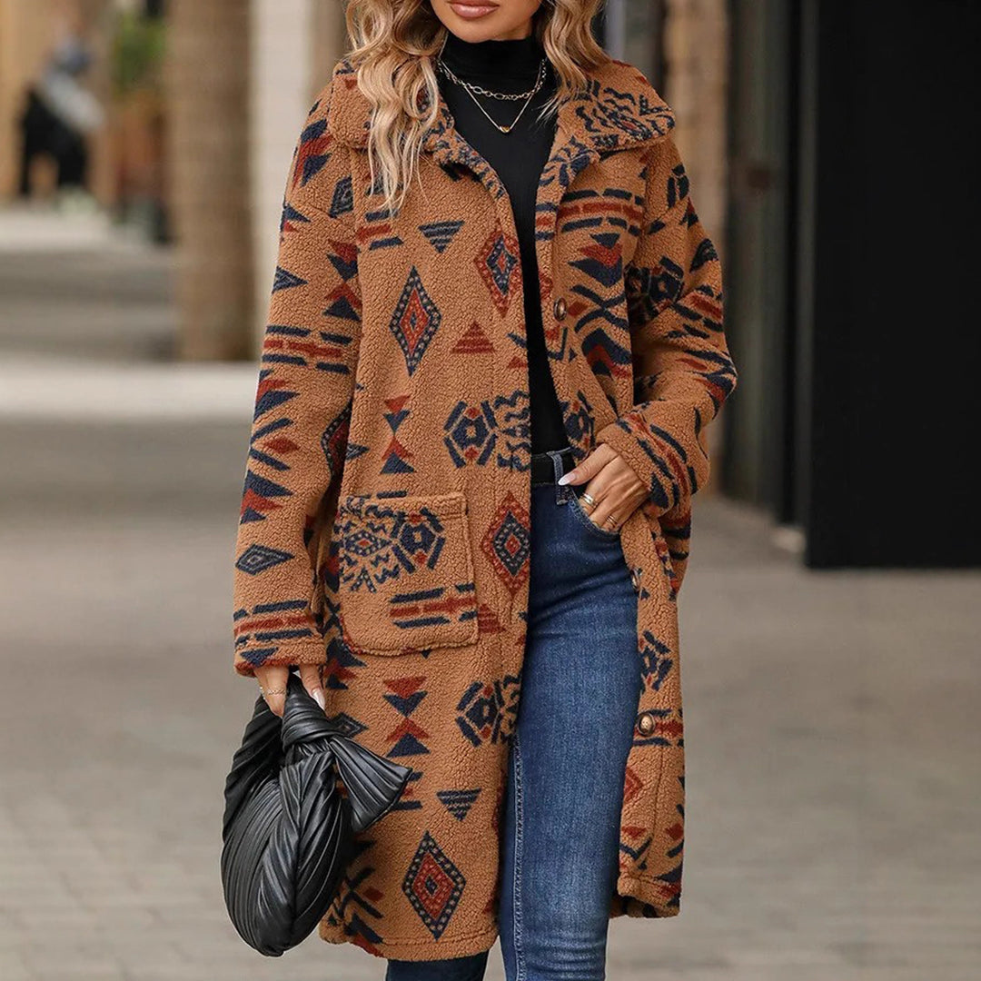 Damer Oversized Fleecejacka med geometriskt mönster och praktiska fickor Mirla-Eva Jonsson