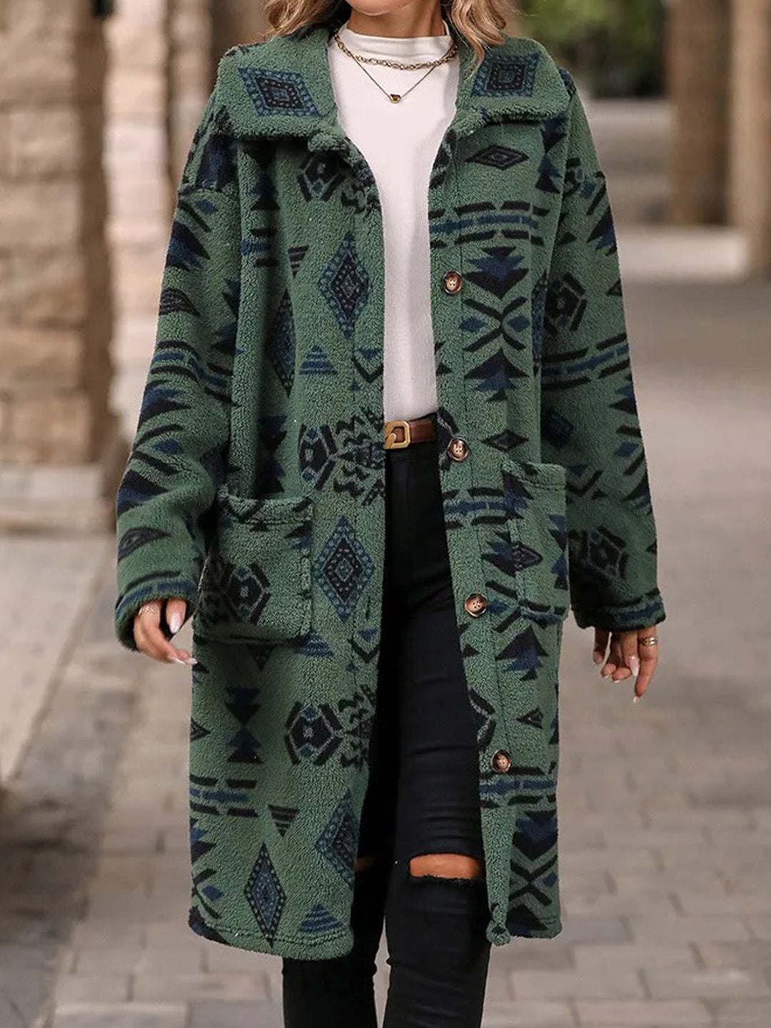 Damer Oversized Fleecejacka med geometriskt mönster och praktiska fickor Mirla-Eva Jonsson