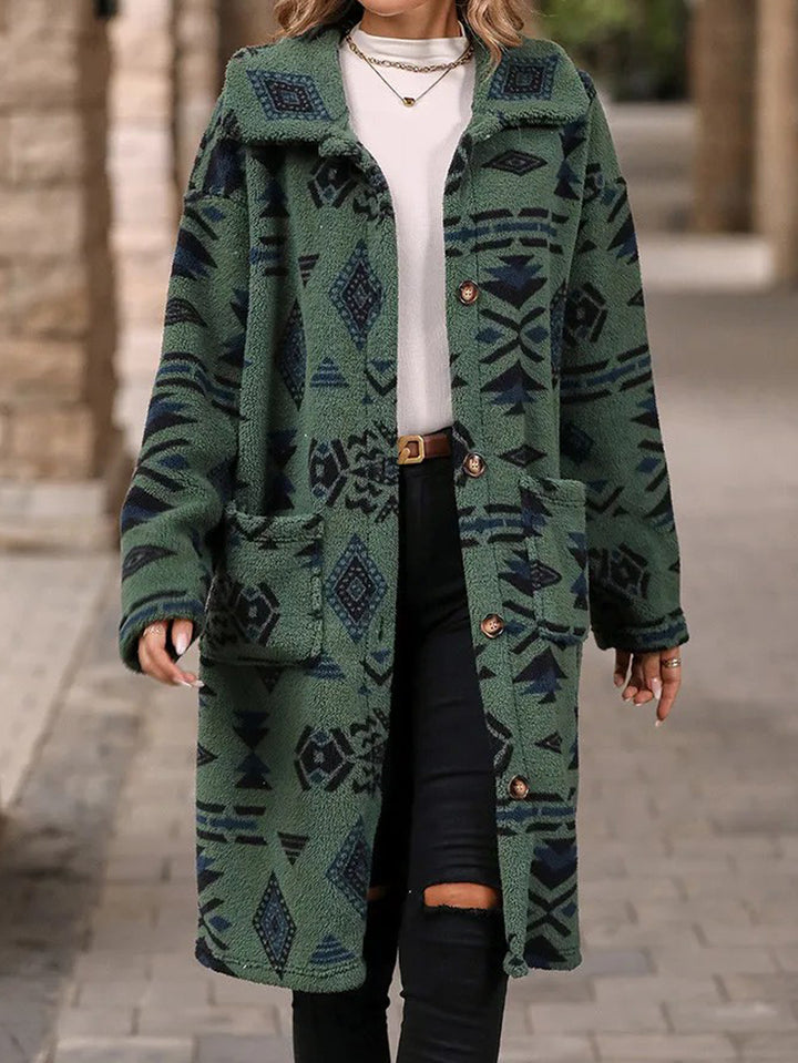 Damer Oversized Fleecejacka med geometriskt mönster och praktiska fickor Mirla-Eva Jonsson
