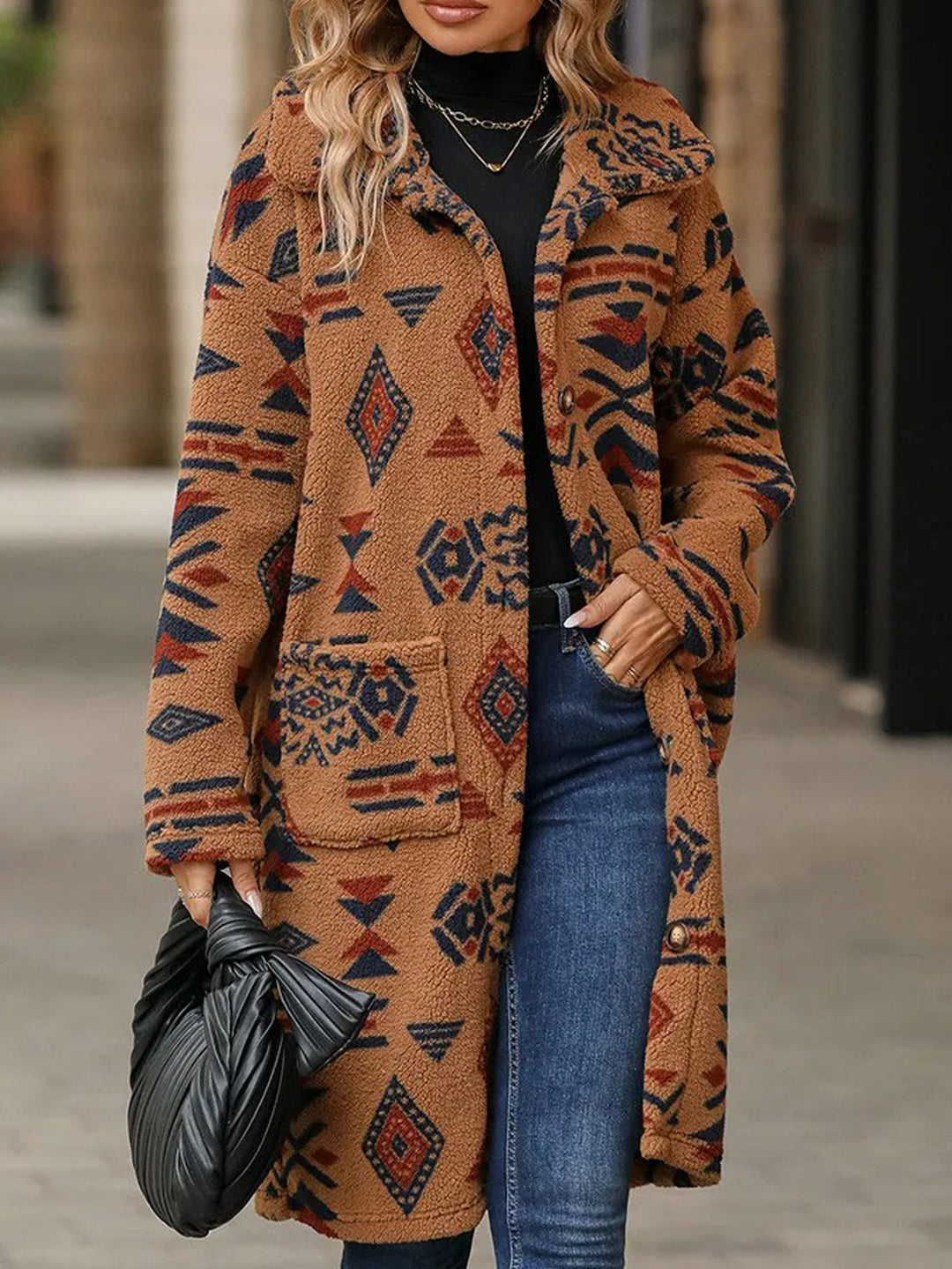 Damer Oversized Fleecejacka med geometriskt mönster och praktiska fickor Mirla-Eva Jonsson