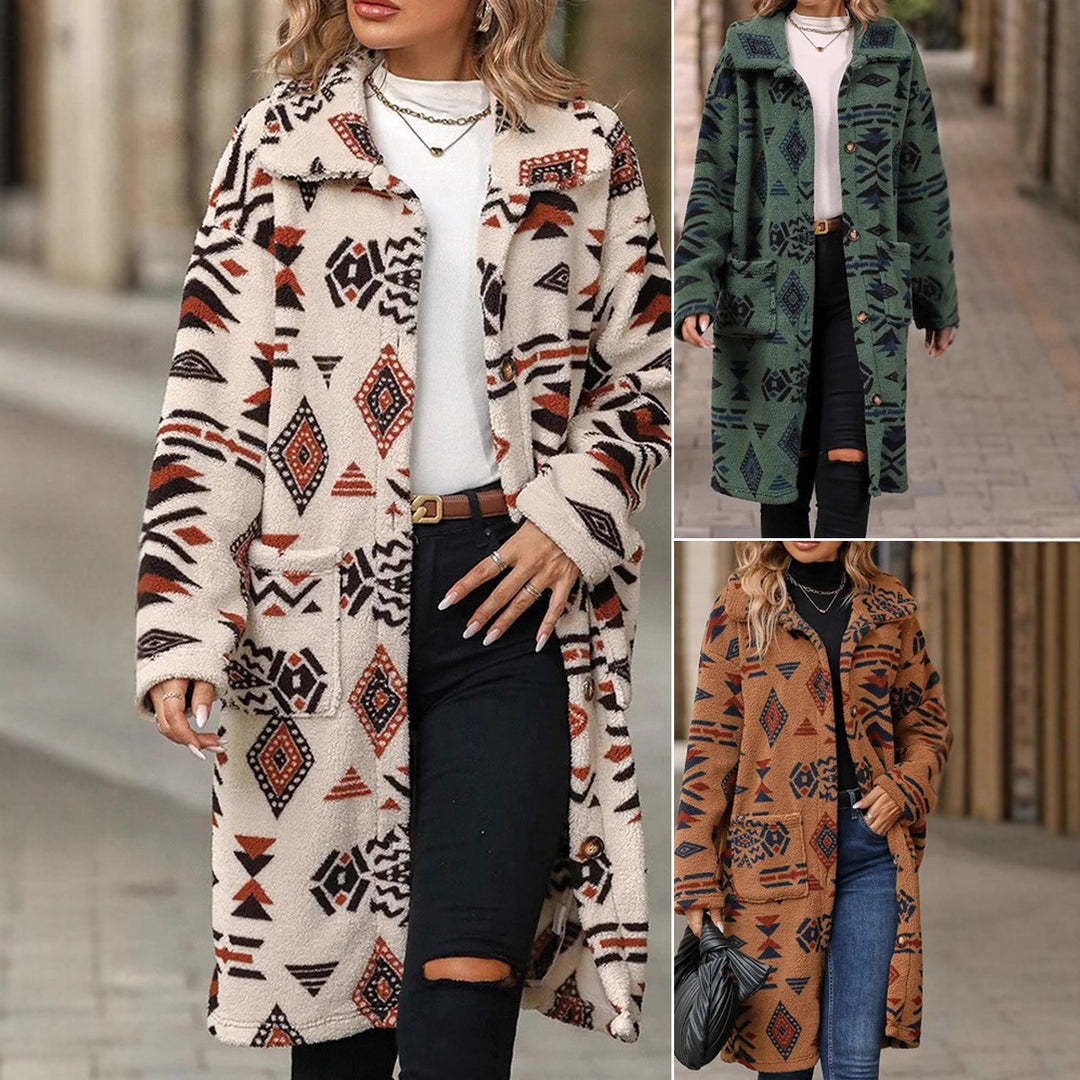 Damer Oversized Fleecejacka med geometriskt mönster och praktiska fickor Mirla-Eva Jonsson