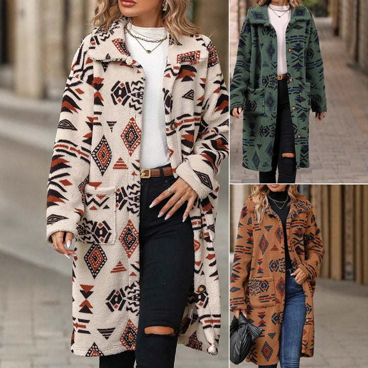 Damer Oversized Fleecejacka med geometriskt mönster och praktiska fickor Mirla-Eva Jonsson