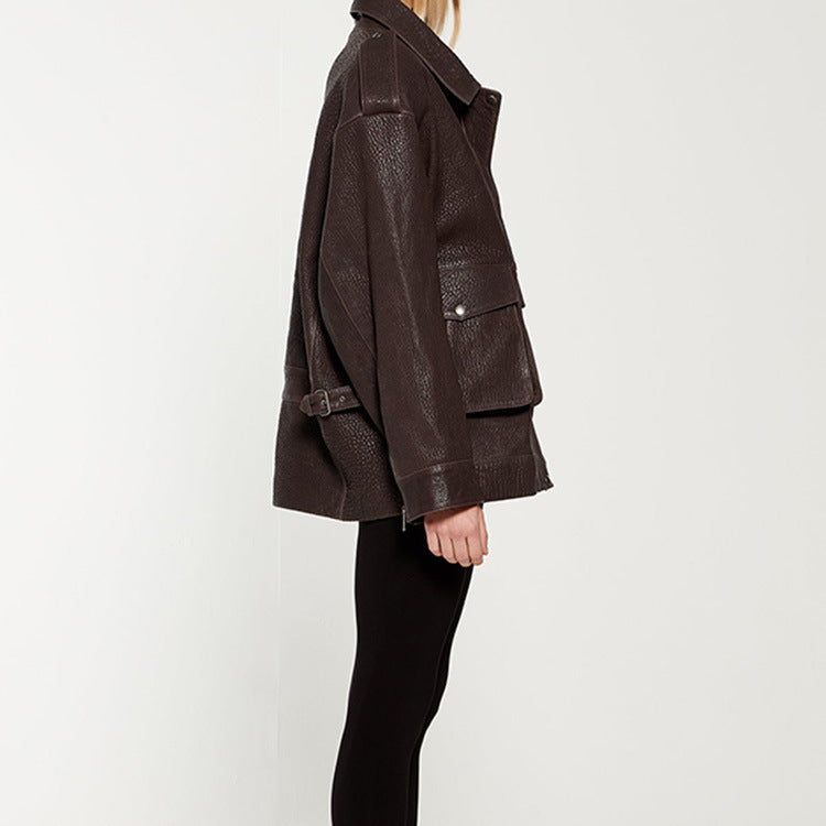 Damer Oversized Läderjacka i robust design med praktiska fickor Mirla-Eva Jonsson