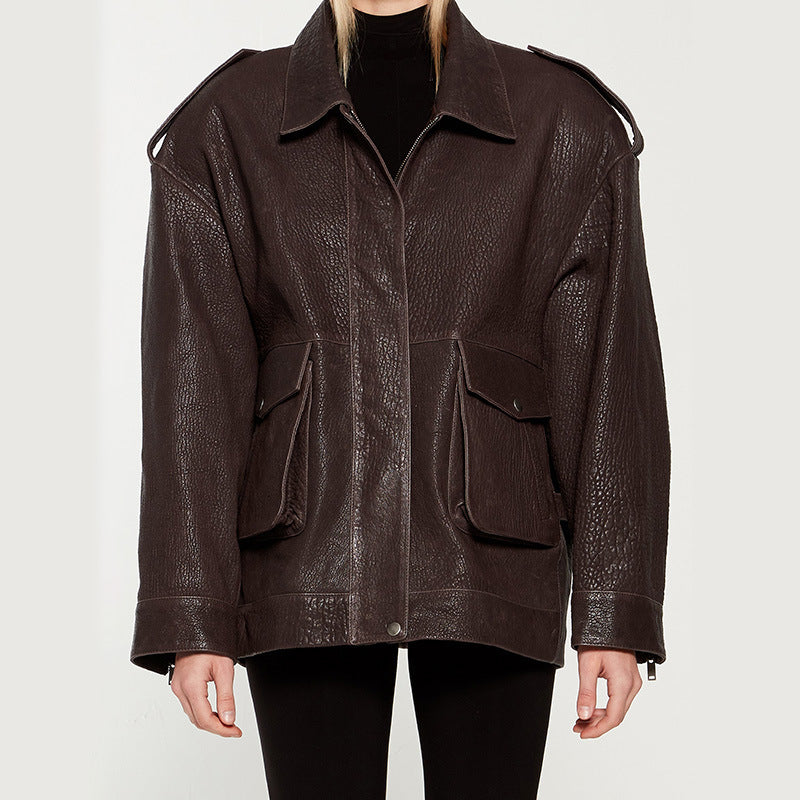 Damer Oversized Läderjacka i robust design med praktiska fickor Mirla-Eva Jonsson