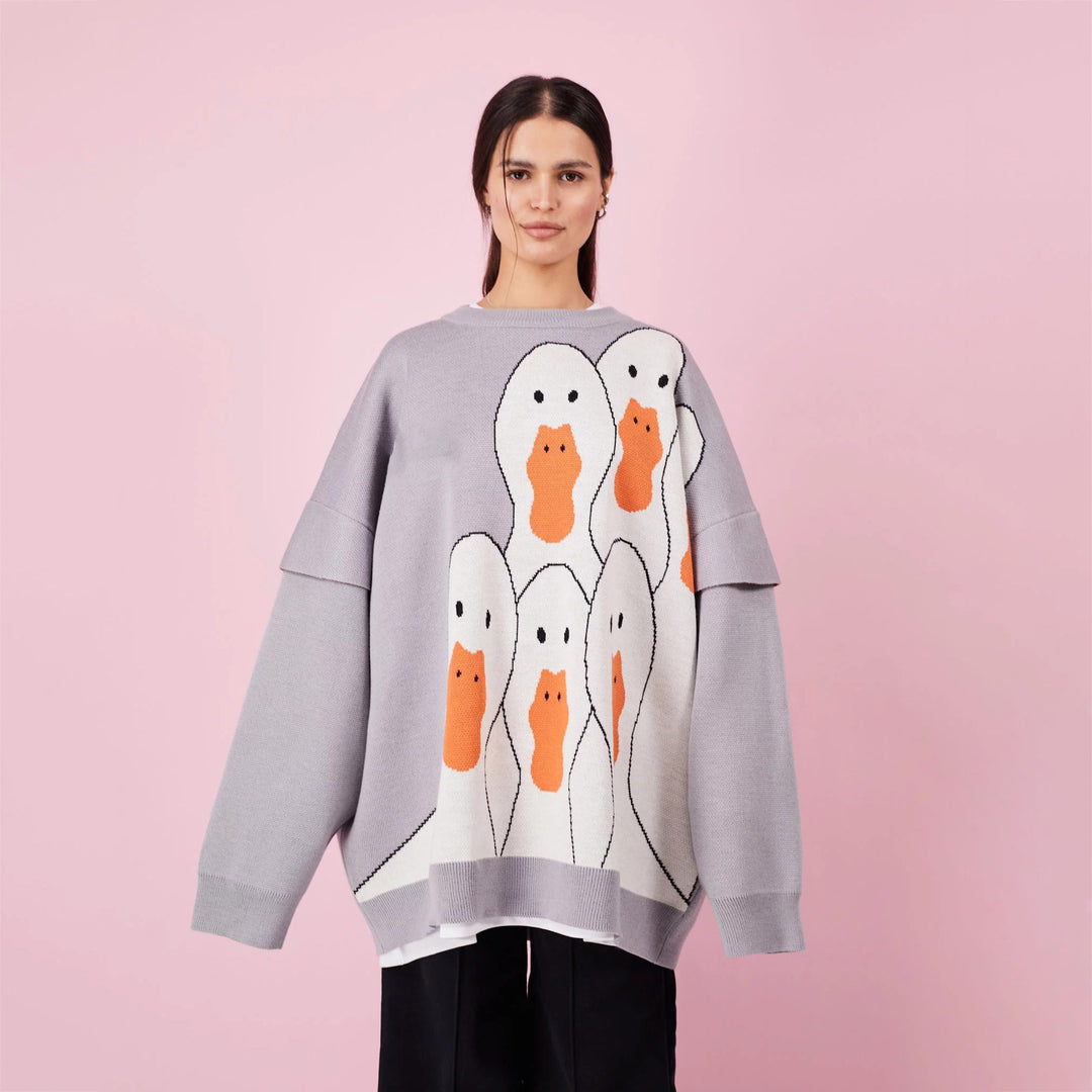 Damer Oversized Pullover med originellt gås-motiv Mirla-Eva Jonsson