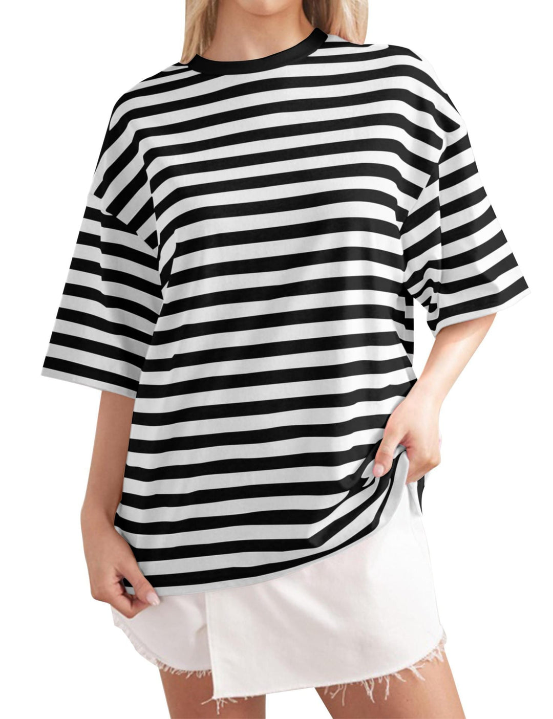 Damer Oversized Randig T-shirt med Rund halsringning och Kort ärm Mirla-Eva Jonsson