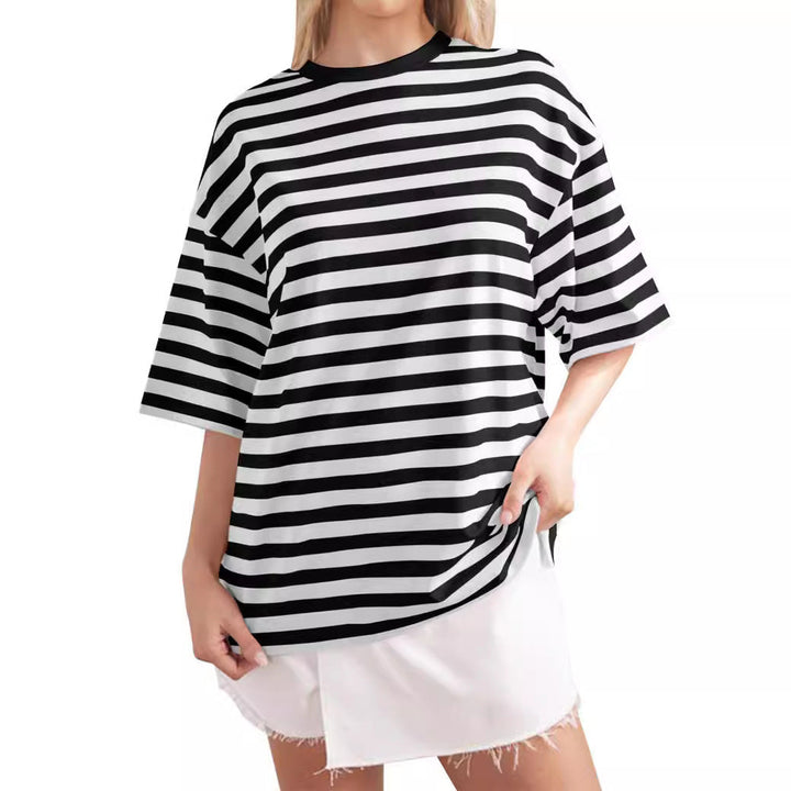 Damer Oversized Randig T-shirt med Rund halsringning och Kort ärm Mirla-Eva Jonsson