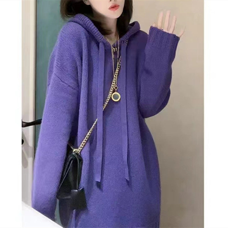 Damer Oversized Stickad Hoodie-Klänning med Dragsko och Fickor Eva Jonsson-Eva Jonsson